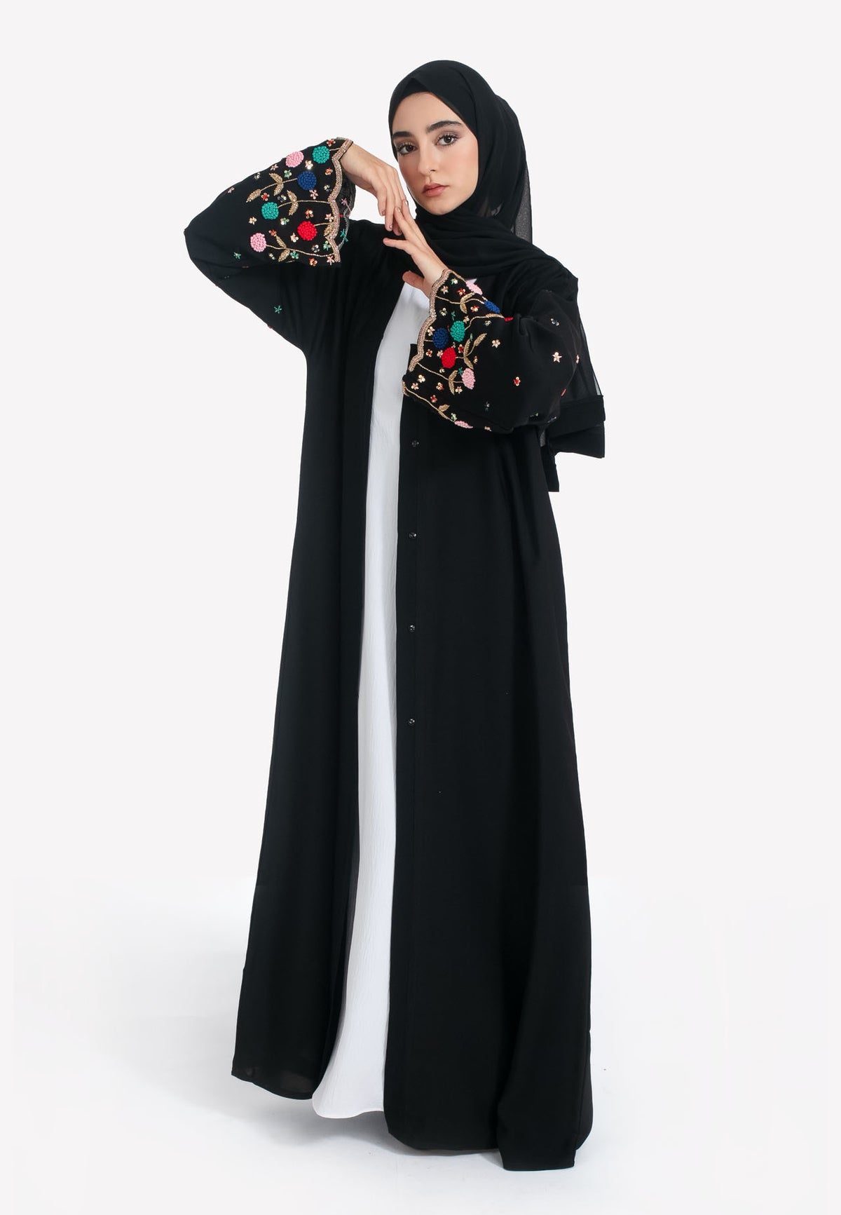 Black Open Abaya with Vibrant Embroidery