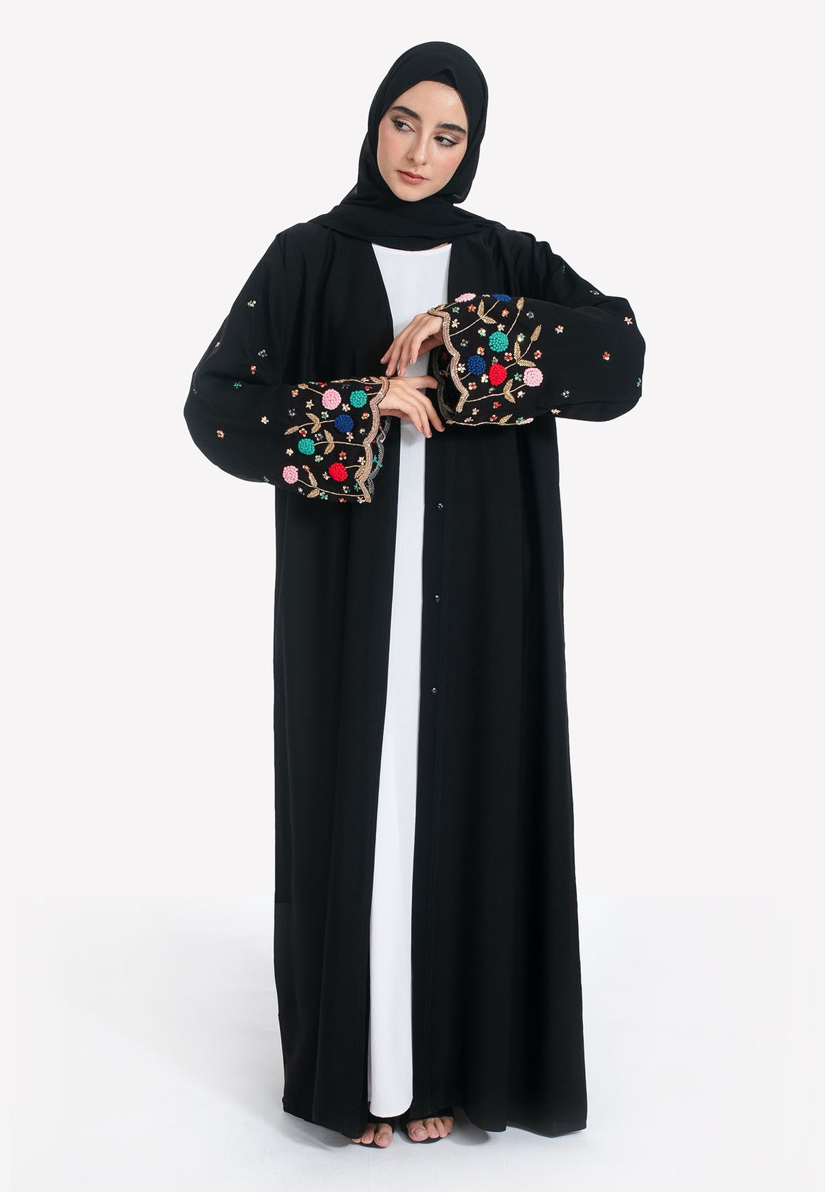 Vibrant Embroidered Open Abaya - Front