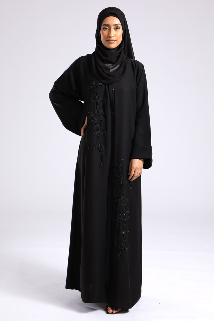 Whispering Threads Black Embroidered Abaya