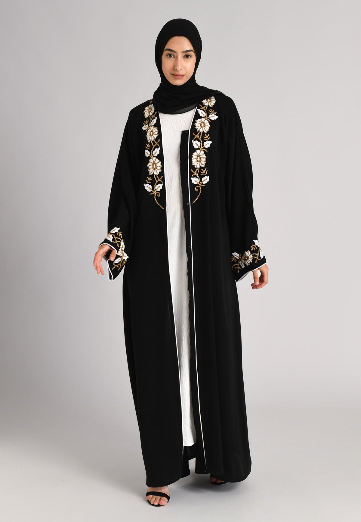 White & Gold Floral Open Embellished Abaya Hayah Al-Muslimah