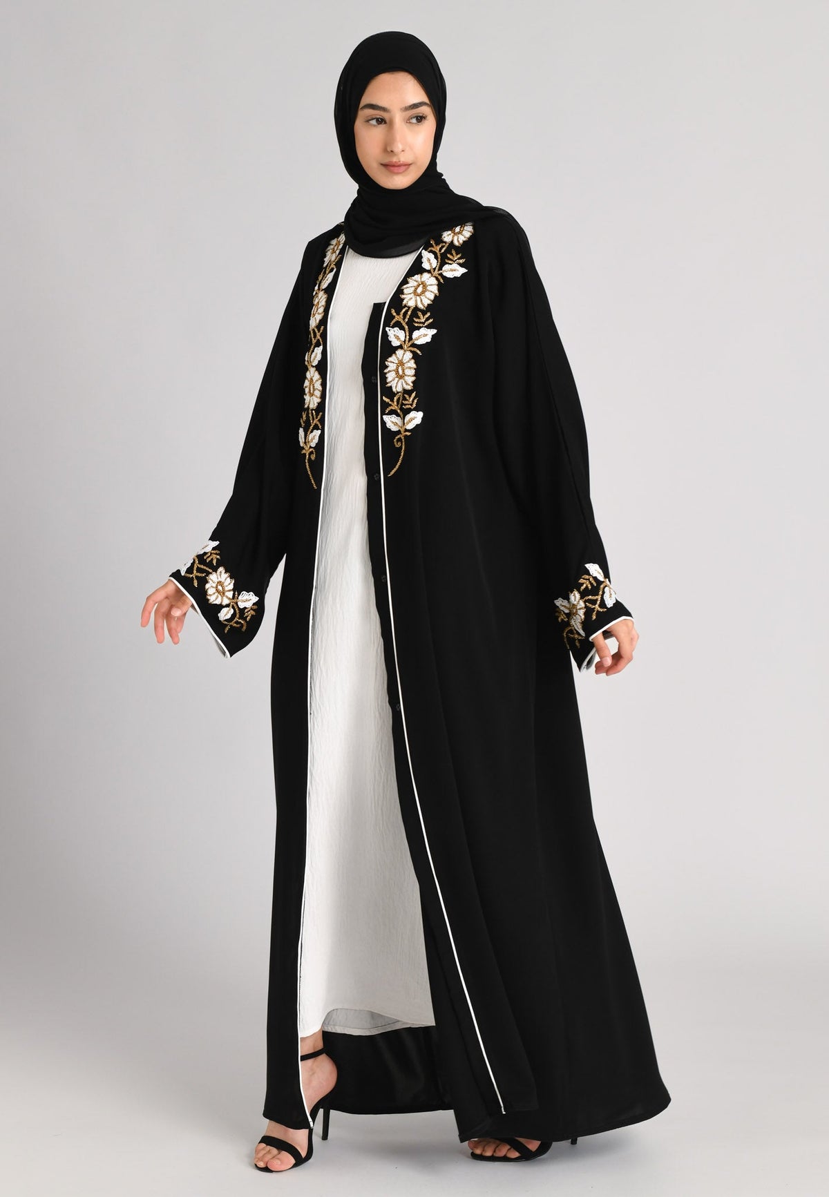 White & Gold Floral Open Embellished Abaya Hayah Al-Muslimah