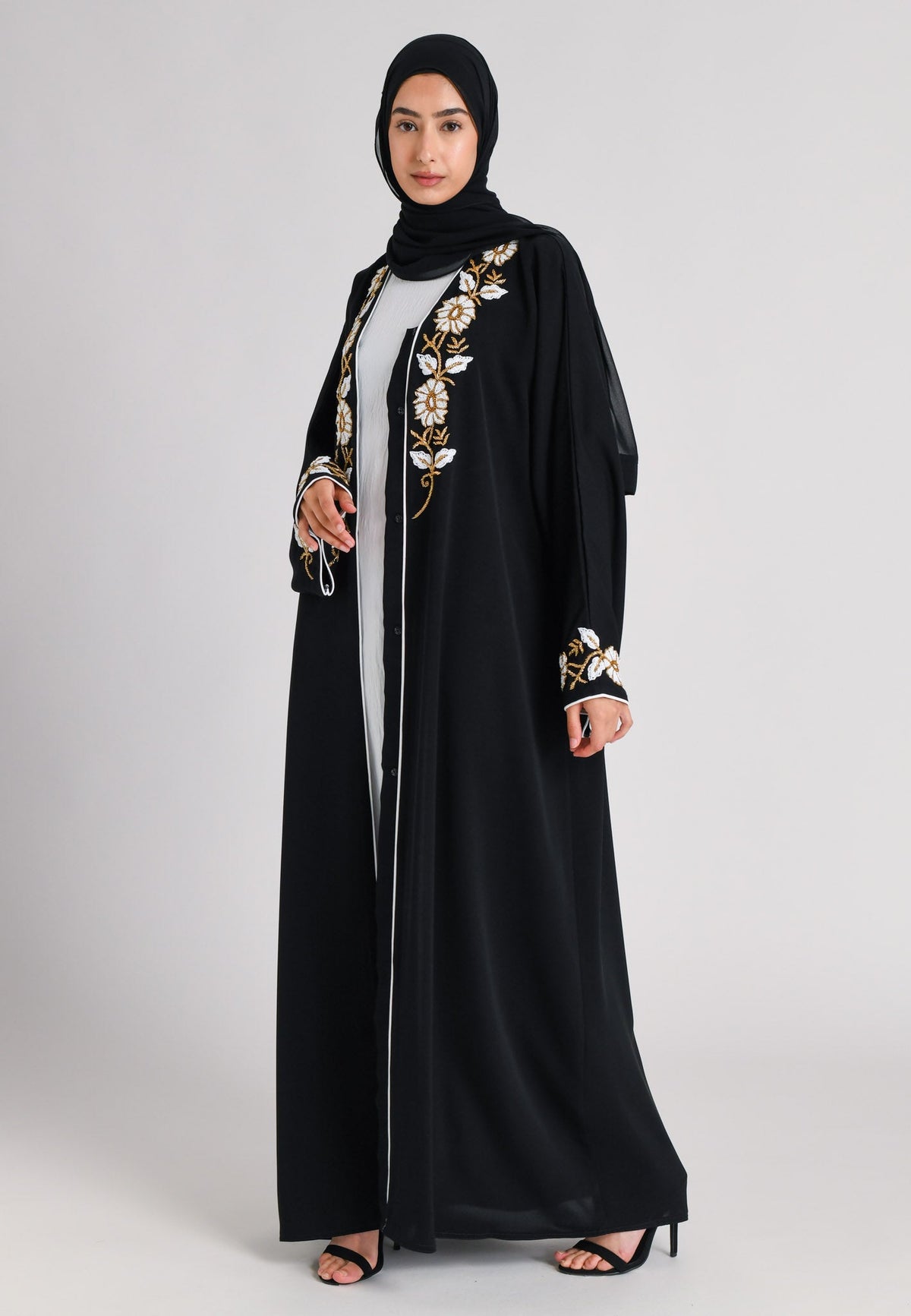 White & Gold Floral Open Embellished Abaya Hayah Al-Muslimah