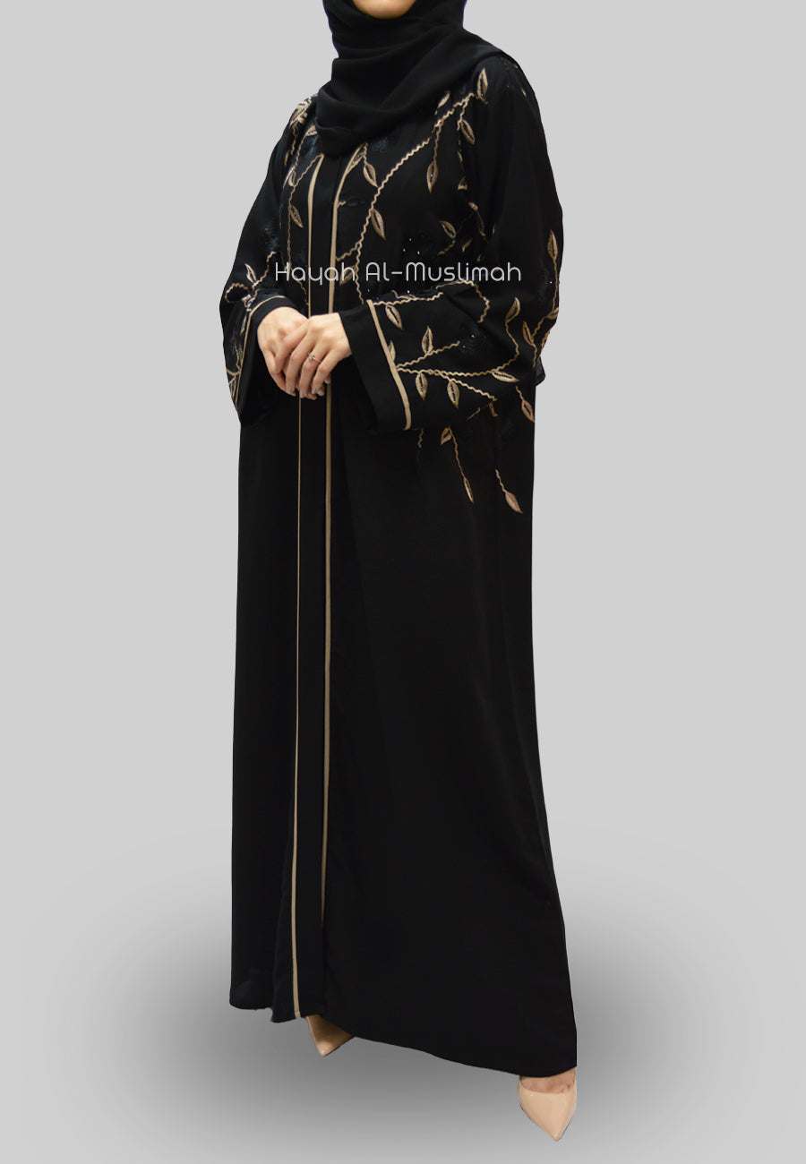 Black Floral Embroidered Open Abaya