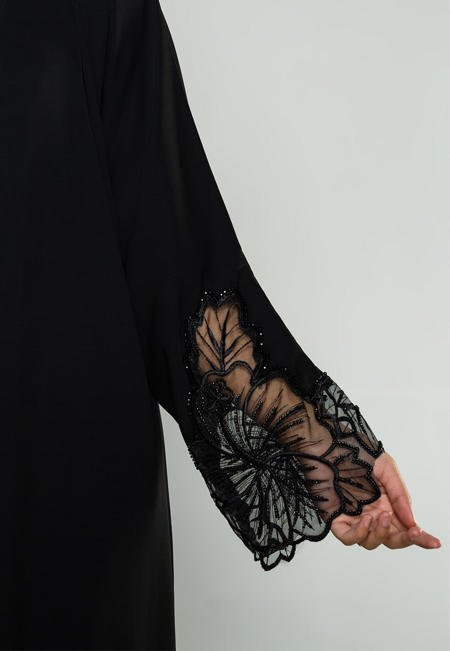 Black Hibiscus Khaleeji Lace Open Abaya
