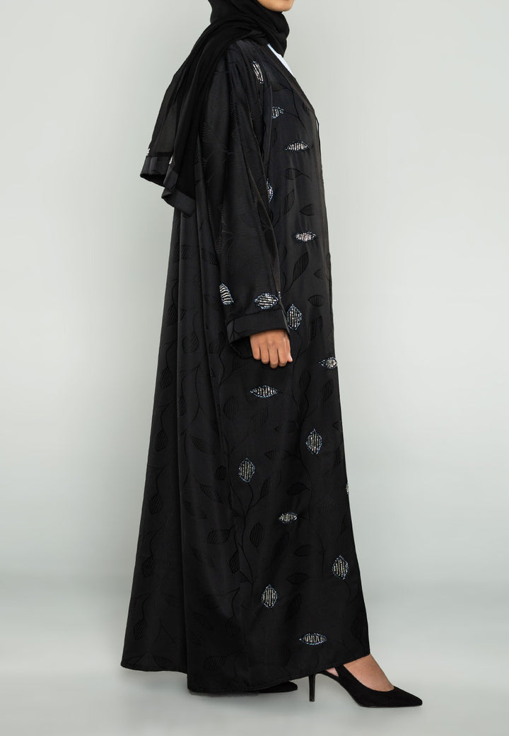 Khaleeji-Style Silver Embellished Open Abaya