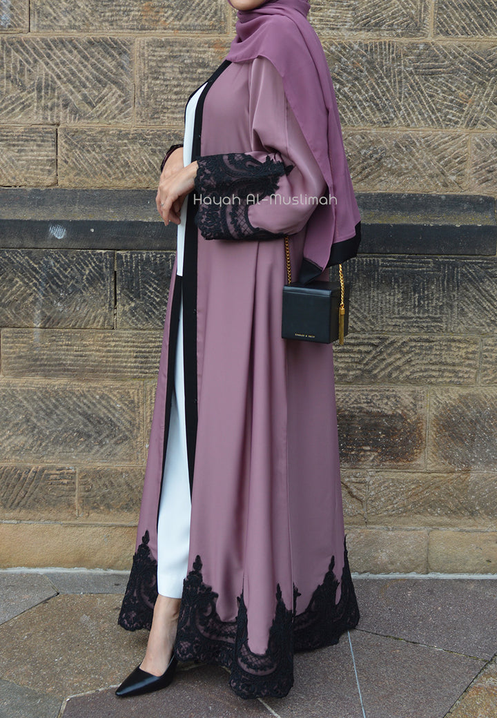 Elegant Mauve Lace Open Abaya