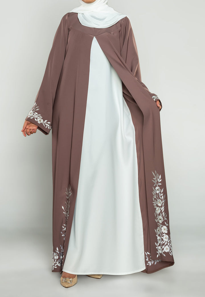 Embroidered Floral Taupe 2 In 1 Abaya