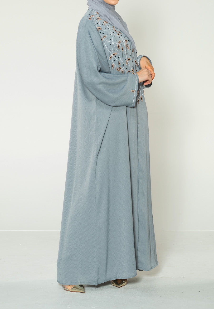 Slate Grey Closed Embellished Abaya (Premium)