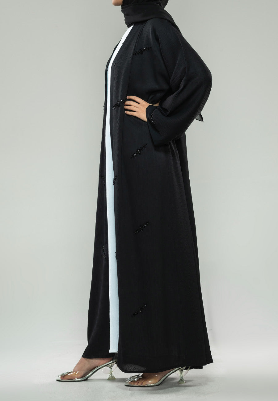 Haneen Black on Black Embellished Open Abaya