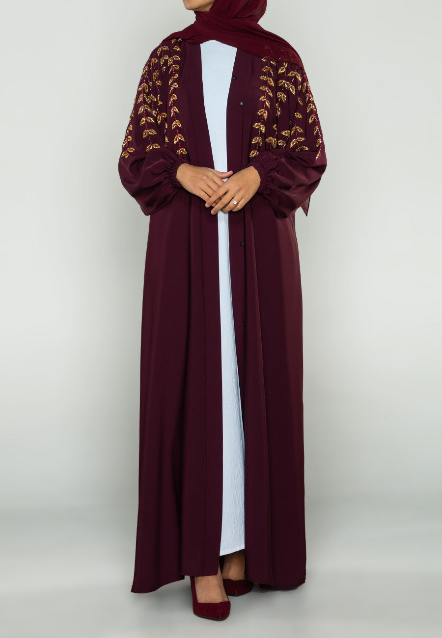 Luxe Burgundy Embellished Open Abaya