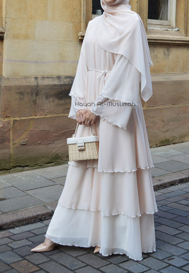 Luxury Peach 3 Layered Open Abaya with Inner Dress