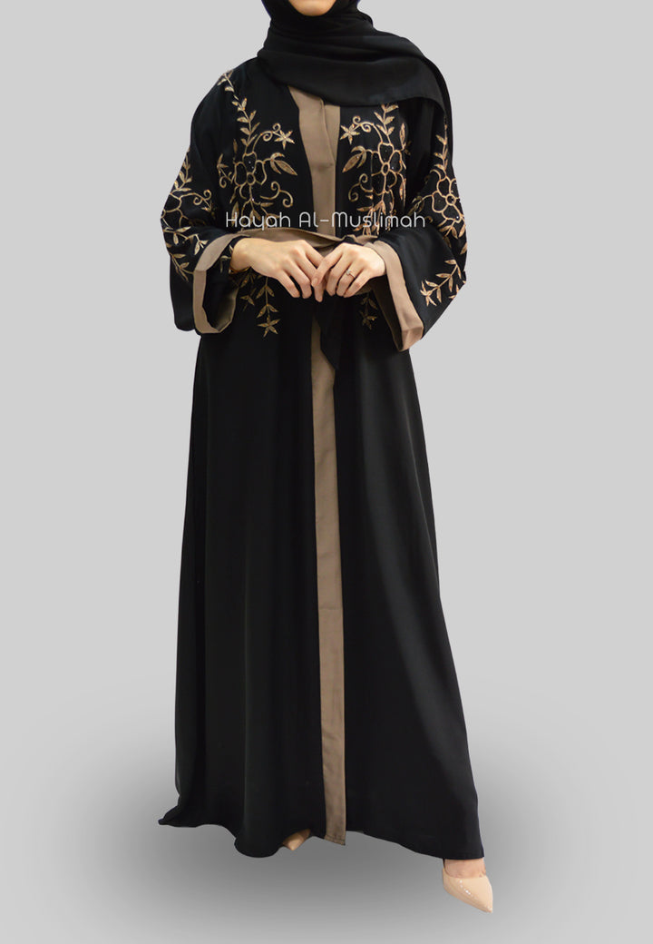 Mocha Floral Embroidered Open Abaya