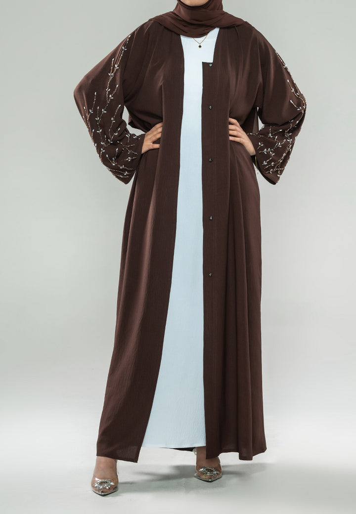 Sable Brown Embellished Open Abaya