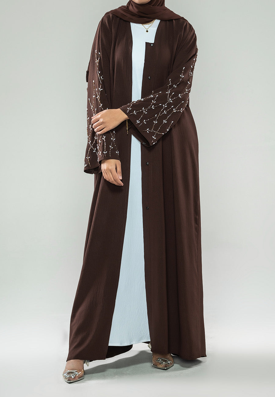 Sable Brown Embellished Open Abaya